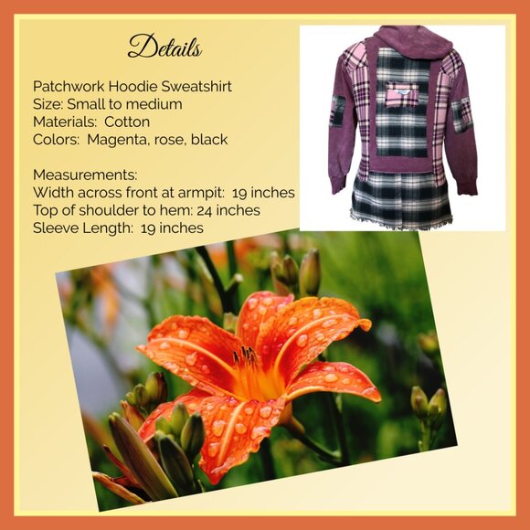 Upcycled Patchwork Hoodie, S-M: Distressed Magenta Grunge Sweater, Campus Style - Picture 4 of 16